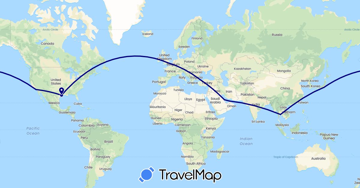 TravelMap itinerary: driving in United Arab Emirates, Bahrain, United Kingdom, Japan, Thailand, Turkey, United States (Asia, Europe, North America)